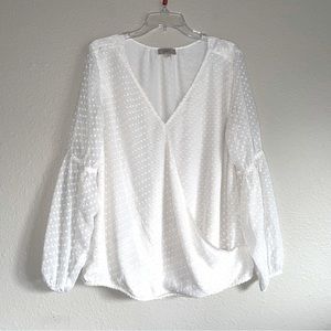 Ann Taylor LOFT Ivory Sheer Long Sleeve Lined Blouse Sz L ~ Polka Dots